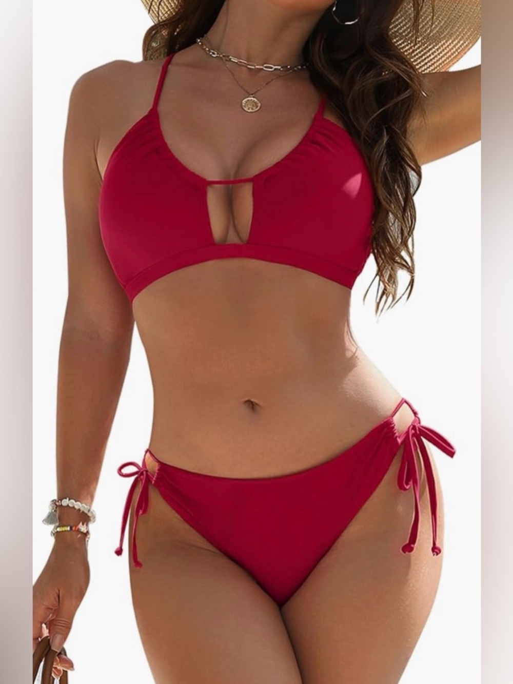 Red Tie-Side Bikini, Blooming Jelly Bikini Two Piece String Cheeky Curvy Cutout